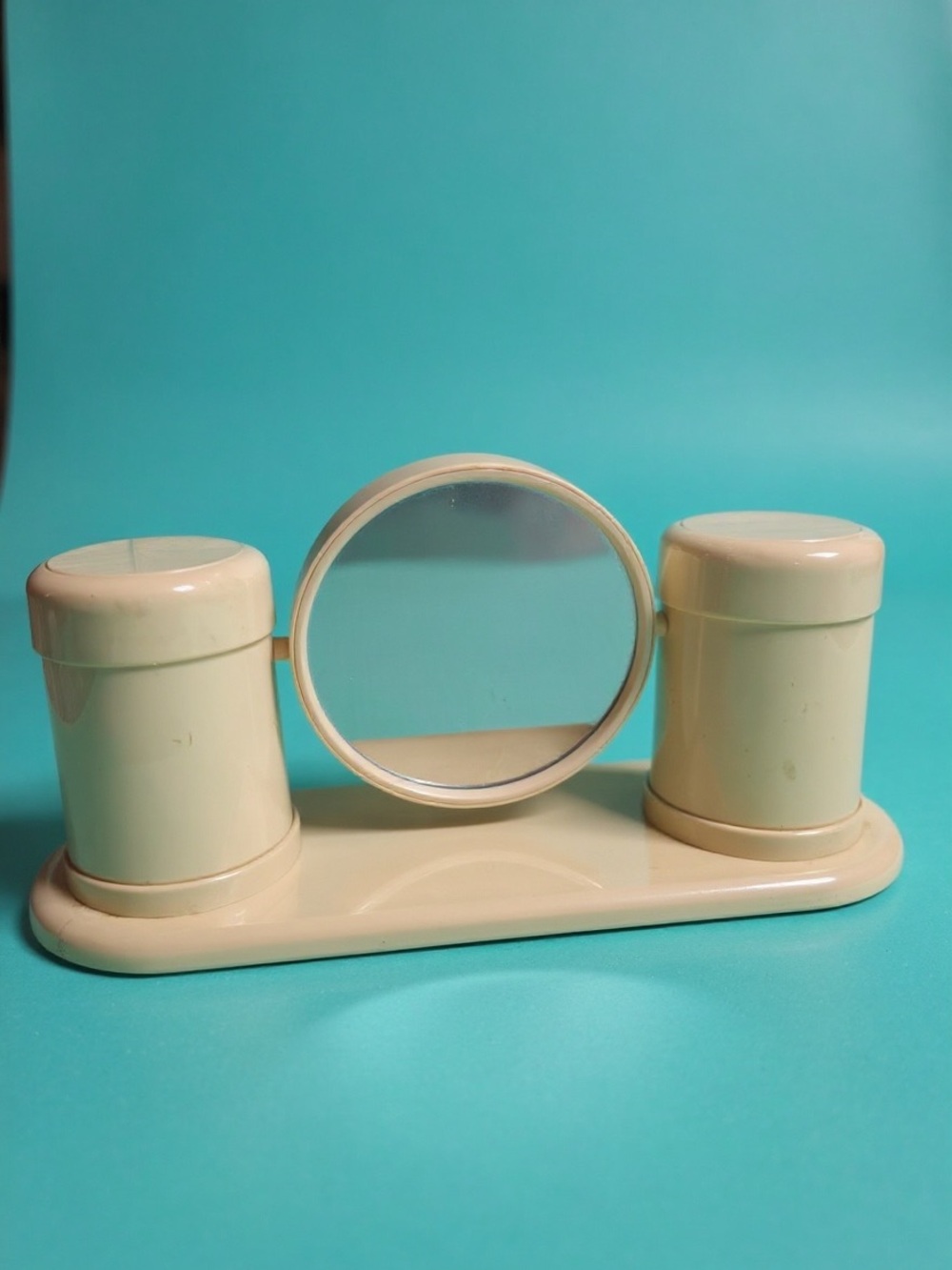 Vintage MCM Plastic Vanity Set with Mirror & Canisters | 1960s Hong Kong Boudoir